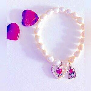 Bracelet Red Rose flowers pearl heart Gold charms Freshwater Pearl stretch 7-7.5